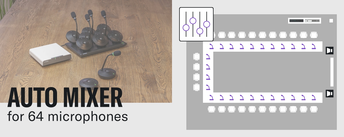 Image of neatly arranged ADECIA wireless microphones, representing the automatic acoustic optimization of up to 64 microphones.