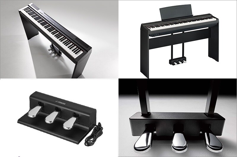 A collage of photos, including overhead and front-left views of the P-125a in combination with the optional stand and pedal unit, and photos of the optional keyboard bag and the optional metal three-pedal pedal unit