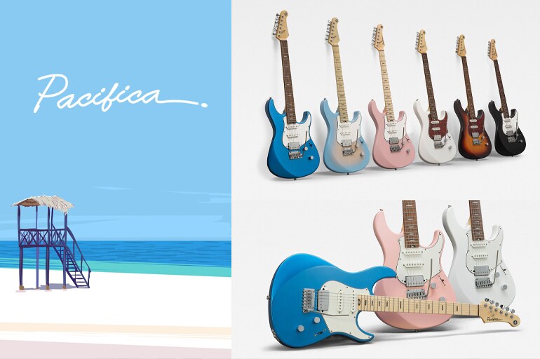 Inspirations: Pacifica logo on blue sky with beach lookout on sand. Pacificas on a white background.