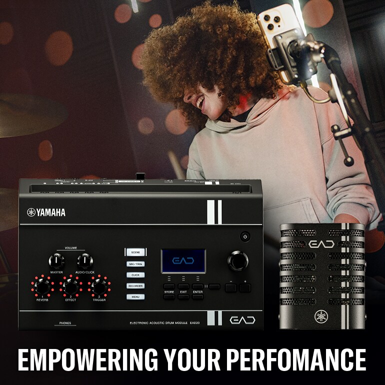 Drummer performing with Yamaha EAD20, demonstrating enhanced acoustic drum sound, monitoring, and hybrid performance capabilities.