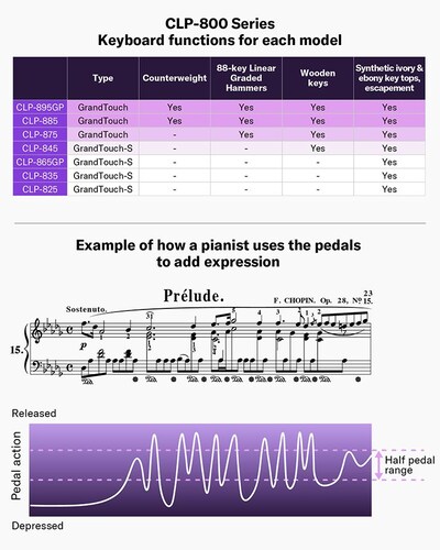 Comparison chart of keyboard specifications by model of the Clavinova CLP-800 series and a schematic diagram of how the pedals are depressed when playing a few bars of Chopin's Prélude