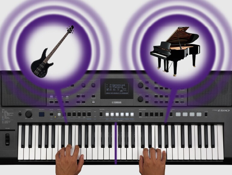 Using the split function of the PSR-I510 to play the bass with the left hand and the piano with the right