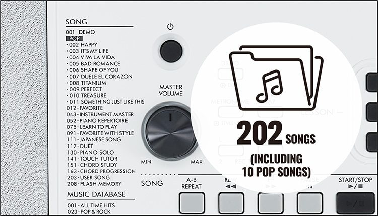 202 built-in Songs, including 10 pop songs, plus add-on song capability